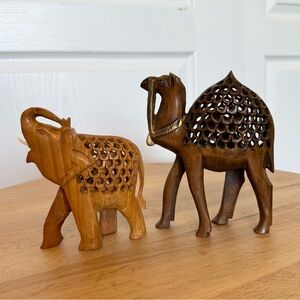 Vintage Hand Carved Wood Jali Animal Figurines Elephant Camel Boho